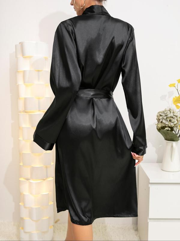 Women's Solid Belted V Neck Satin Robe, Casual Long Sleeve Dressing Gown, Ladies Sleepwear for Spring & Fall