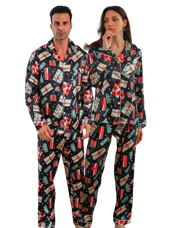 Couple's Christmas Themed Print Button Front Pocket Pajama Two-piece Set, Casual Comfy Long Sleeve Lapel Neckline Shirt & Elastic Waist Pants PJ Set, Couple's Sleepwear for Spring & Fall