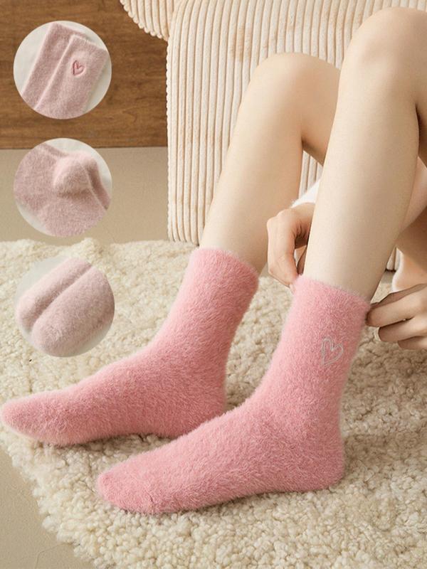 Random Color Women's Heart Embroidery Plush Crew Socks, Casual Soft Comfy Thermal Socks for Fall & Winter, Women's Socks for Daily Wear