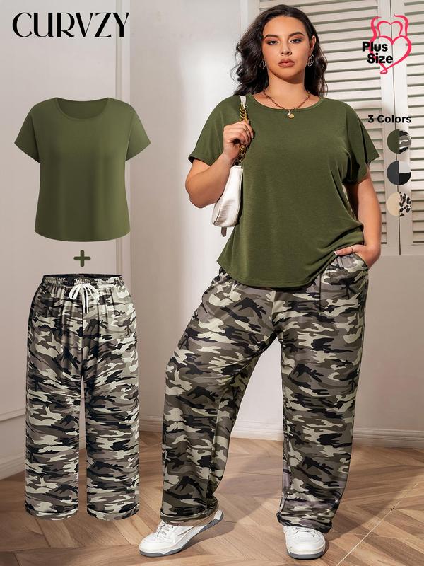 CURVZY Plus Size Fall Aesthetic Two Piece Set Short Sleeve Drawstring Co-ord Set, Batwing Sleeve Tee & Camo Print Back To School Pants Set, Summer & Fall Outfits 2024 Two Piece Sets, Matching Sets Going Out Outfits, Women's Summer & Fall Two-piece Set