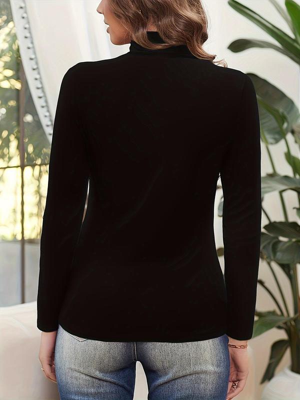 Women's Plain Ruched High Neck Tee, Casual Solid Long Sleeve T-Shirt for Fall & Winter, Women's Clothing for Daily Wear