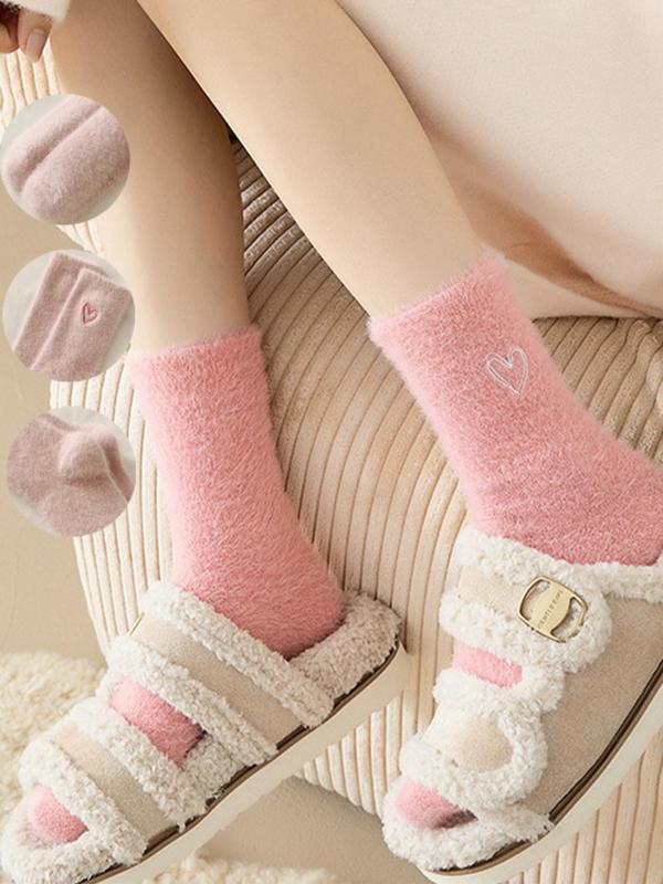 Random Color Women's Heart Embroidery Plush Crew Socks, Casual Soft Comfy Thermal Socks for Fall & Winter, Women's Socks for Daily Wear