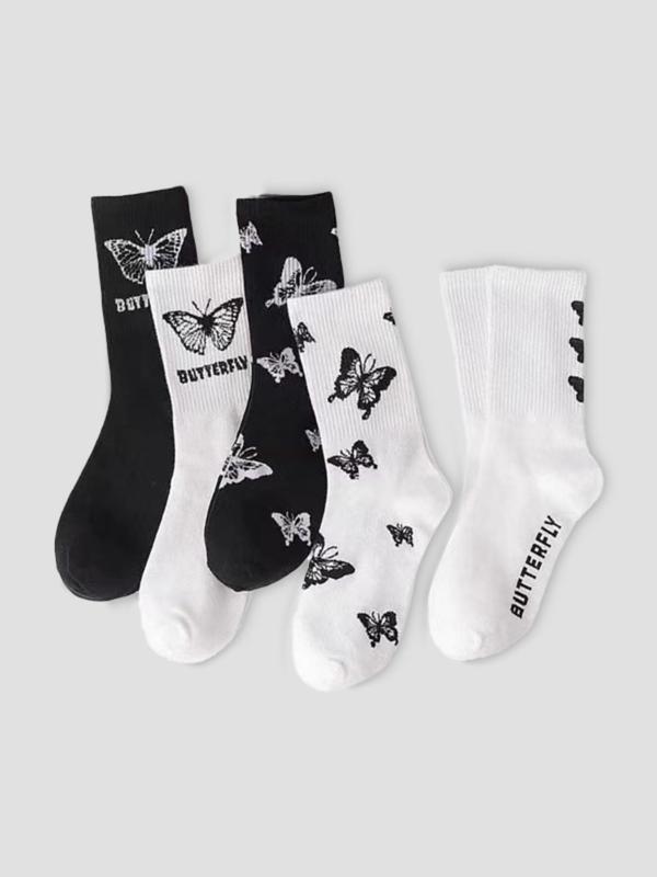 Women's 5 Pairs Butterfly Print Crew Socks, Comfort Casual Mid-calf Socks, Multi-pack Mid Tube Knit Socks, Comfort Lady Womenswear, Lady's Socks & Hosiery