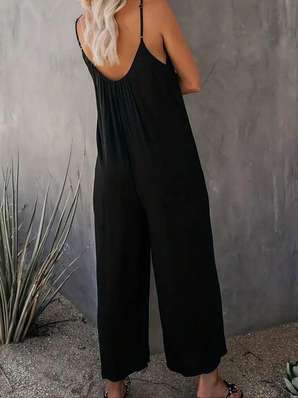  Solid Ruched Pocket Wide Leg Jumpsuit, Casual Sleeveless Spaghetti Strap Jumpsuit for Fall & Winter, Jumpsuit for Women, Women's Plus Size Clothes for Daily Wear