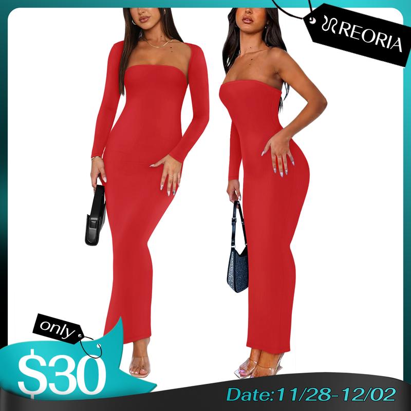 REORIA Womens Sexy Outfits LongSleeves Bolero Shrug Going OutStrapless Fashion Maxi Dress Bodycon Matching Sets Womenswear Elegant Casual Style