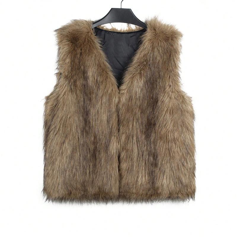 Women Faux Fur Vest, Sleeveless Open Front Solid Outwear Gilet For Casual Street