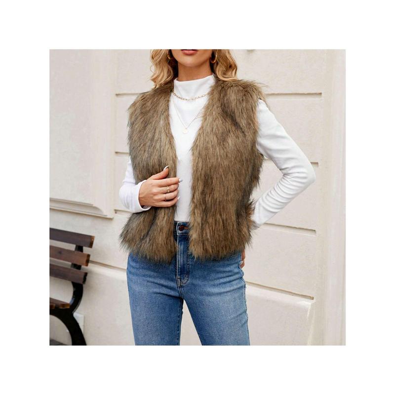 Women Faux Fur Vest, Sleeveless Open Front Solid Outwear Gilet For Casual Street