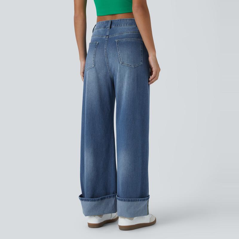 Halara Flex High Waisted Multiple Pockets Rolled Hem Wide Leg Washed Stretchy Knit Casual Jeans