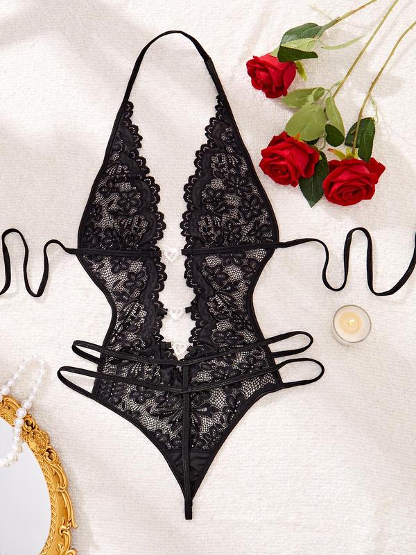 Women's Plain Floral Lace Backless Sheer Sexy Lingerie Bodysuit, Elegant Sexy Heart Shaped Rhinestone Decor Tie Back Bodysuit for All Seasons, Women's Sexy Lingerie for Daily Wear