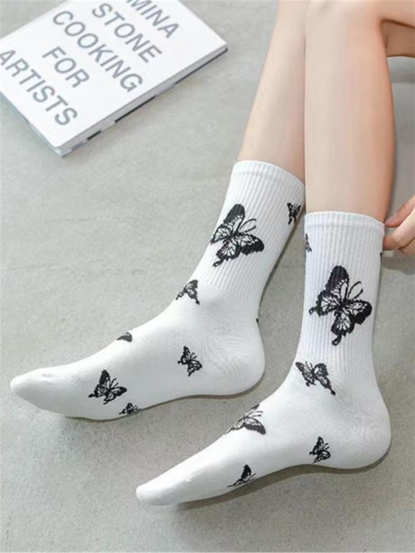 Women's 5 Pairs Butterfly Print Crew Socks, Comfort Casual Mid-calf Socks, Multi-pack Mid Tube Knit Socks, Comfort Lady Womenswear, Lady's Socks & Hosiery