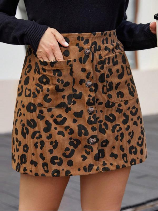 Women's Leopard Print Fake Button Decor Pocket Corduroy Skirt, Casual A Line Short Skirt for Daily Wear, Ladies Fall & Winter Bottoms