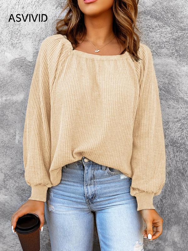 Women's Plain Square Neck Bishop Sleeve Knit Top, Casual Long Sleeve Waffle Knitwear Top for Spring & Fall, Fashion Women's Knit Clothing for Daily Wear