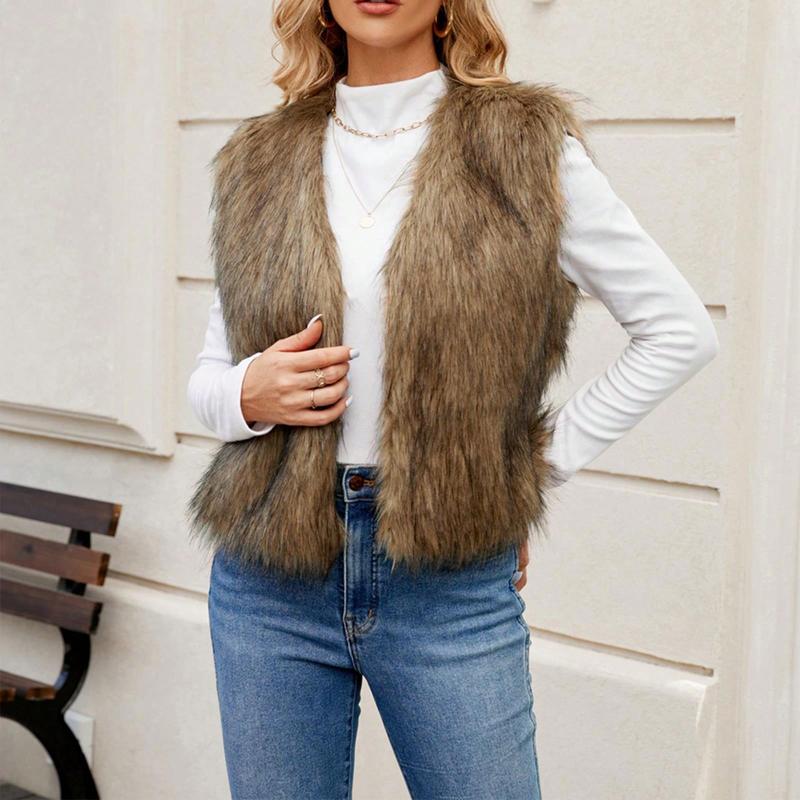 Women Faux Fur Vest, Sleeveless Open Front Solid Outwear Gilet For Casual Street