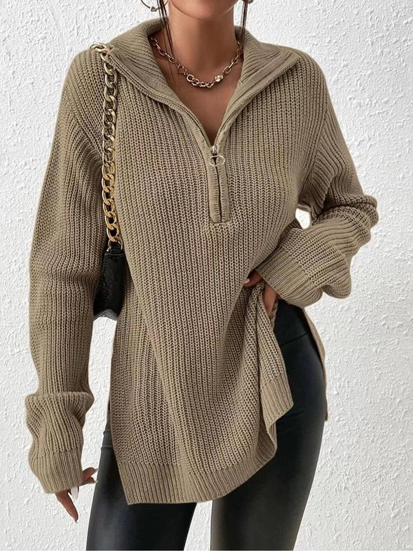 Women's Plain Zipper Half Placket Collared Sweater, Casual Long Sleeve Jumper for Fall & Winter, Fashion Ladies' Knitwear for Daily Wear