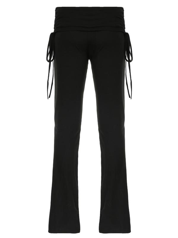 Women's Solid Drawstring Flare Leg Pants, Casual Elastic Waist Bell Bottom Trousers for Daily Wear, Flare Pants, Women's Knitwear for All Seasons