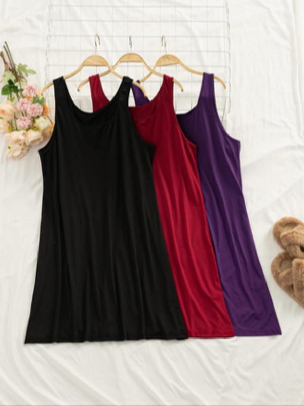  Solid Color Scoop Neck Tank Nightdress, Casual Soft Comfortable Sleeveless Nightgown for Women, Women's Sleepwear for Summer