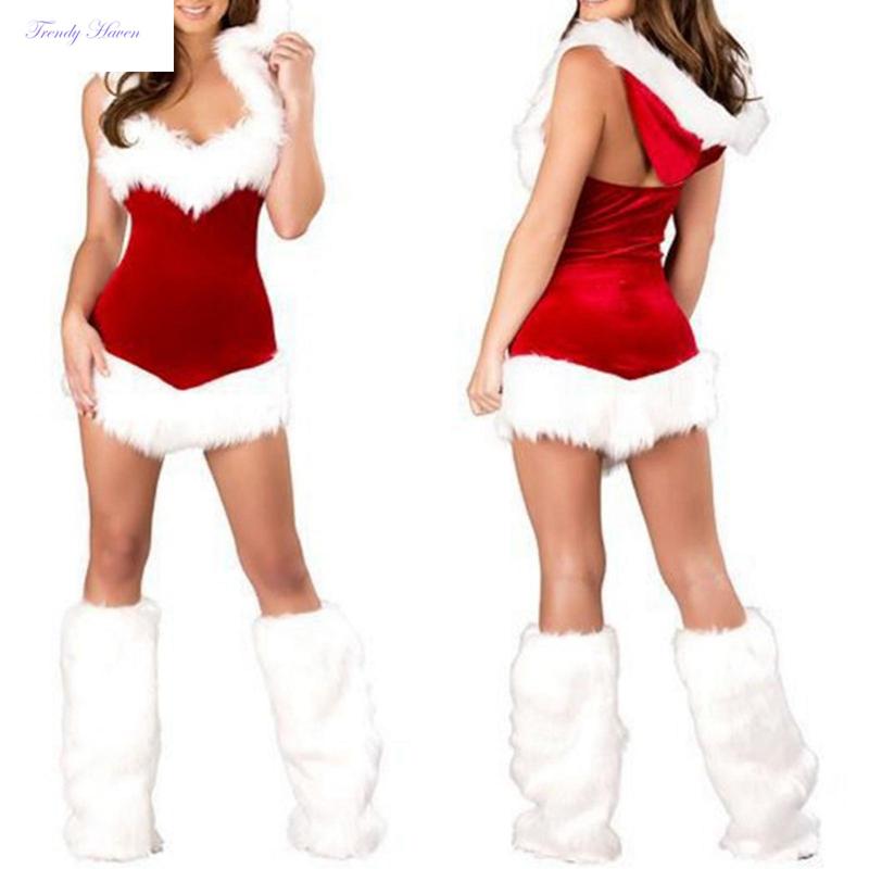 Women Christmas Costume Santa Cosplay Dress Plush Trim Patchwork Dress Party Costume with Hat and Leg Warmers