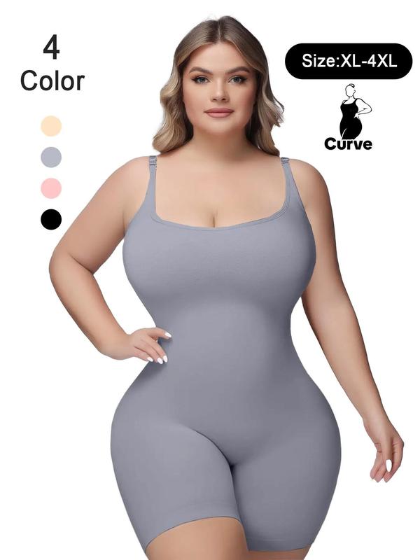 Plus Size Solid Adjustable Strap Shapewear Bodysuit, Basic Tummy Control Butt Lift Cami Bodysuit, Plus Size Women's Clothing, Summer Wear 2024, Womenswear Plus Size Clothes,  Plus Size Fall Clothing