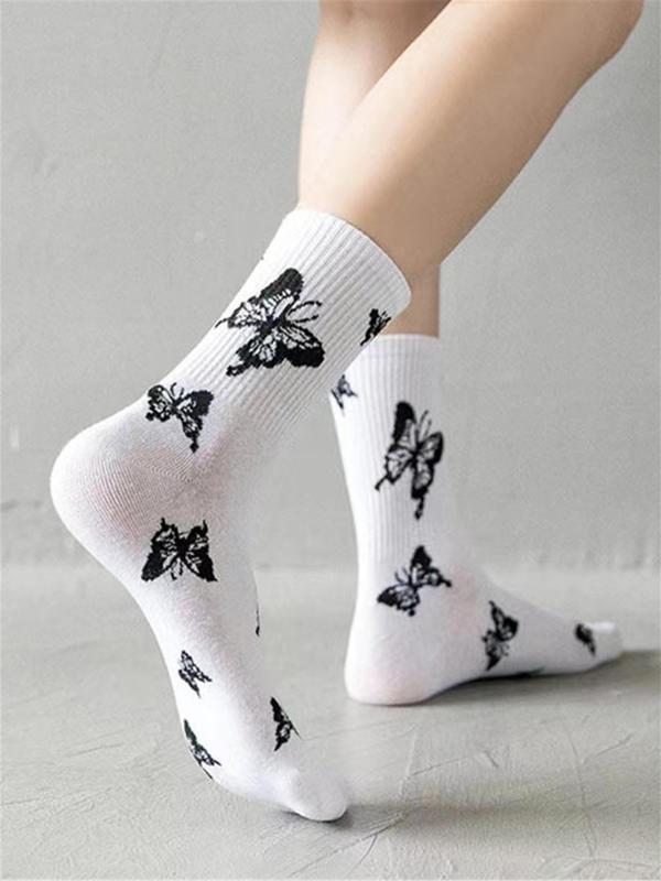 Women's 5 Pairs Butterfly Print Crew Socks, Comfort Casual Mid-calf Socks, Multi-pack Mid Tube Knit Socks, Comfort Lady Womenswear, Lady's Socks & Hosiery