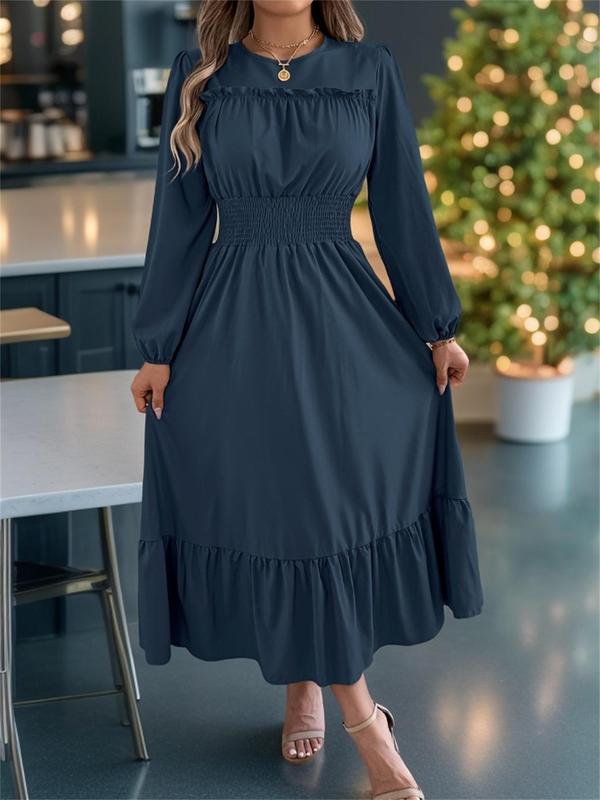 Women's Plain Shirred Ruffle Trim A Line Dress, Elegant Bishop Sleeve Round Neck Long Dress for Party Holiday Wedding Guest, Ladies Fall & Winter Clothes