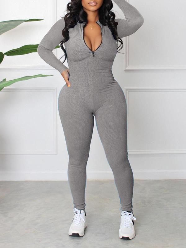 Women's Solid Zip Up Skinny Jumpsuit, Casual Comfy Long Sleeve High Neck Jumpsuit for Daily Wear, Ladies Clothes for All Seasons