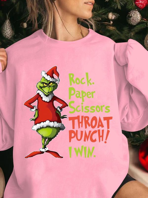 Women's Cartoon Grinch Print Drop Shoulder Sweatshirt, Casual Letter Print Long Sleeve Round Neck Pullover for Daily Wear, Ladies Fall & Winter Clothes