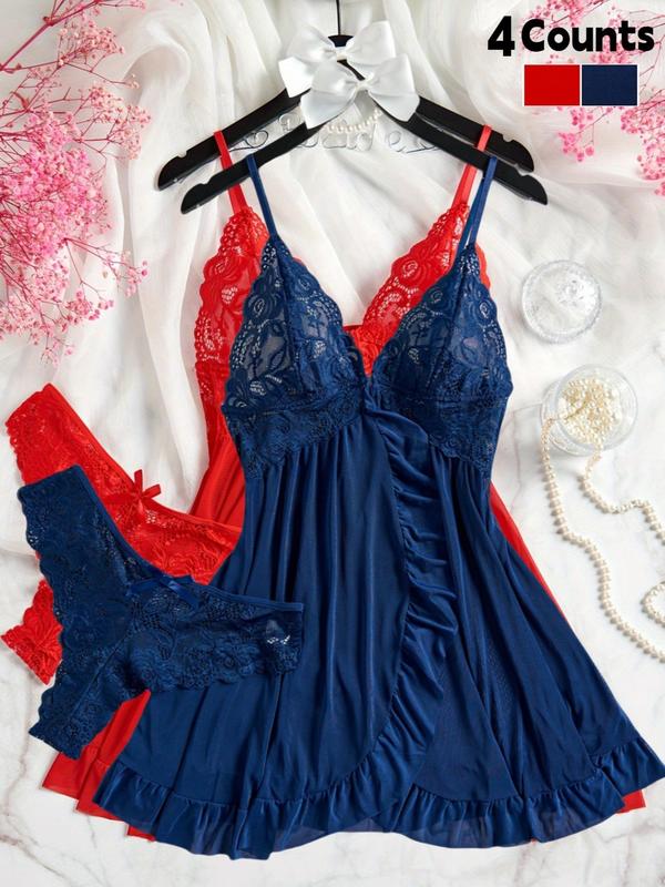 Women's Floral Lace Cami Nightdress & Bow Decor Thong Set, Elegant Adjustable Strap Wrap Nightgown & Panty Set, Ladies Sleepwear Set