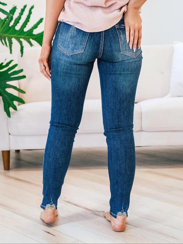  Plus Size Pocket Button Ripped Jeans, Washed Denim Faded Jeans for Women, Casual Streetwear, High Rise Tight Pants for Daily Wear, Women's Bottoms for All Seasons, Fall Clothing Women