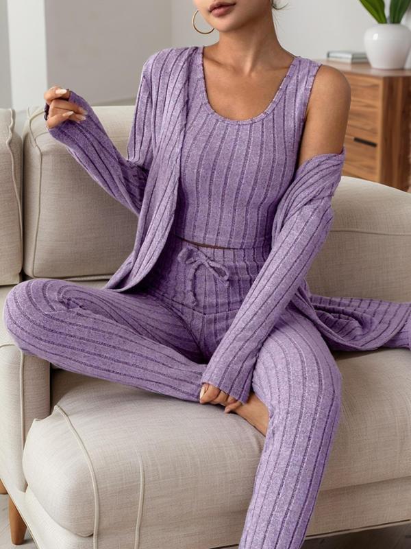 Women's Solid Ribbed Tank Top & Pants & Open Front Long Sleeve Outwear, Casual Comfy Pyjama Set, Women's Sleepwear for Spring & Fall