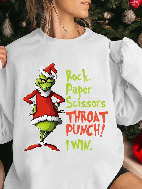 Women's Cartoon Grinch Print Drop Shoulder Sweatshirt, Casual Letter Print Long Sleeve Round Neck Pullover for Daily Wear, Ladies Fall & Winter Clothes