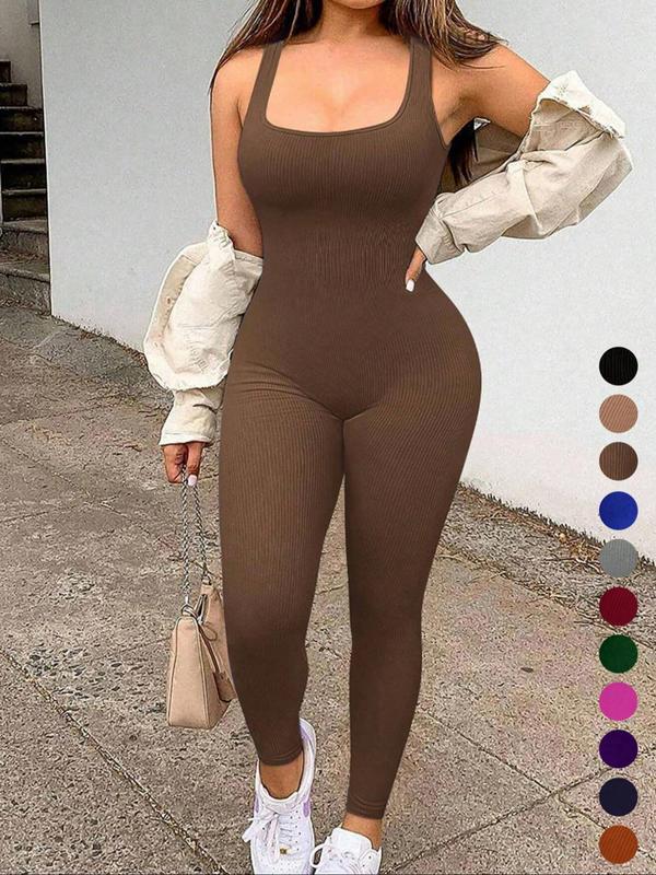 Women's Solid Backless Ribbed Overalls Jumpsuit, Casual Scoop Neck Sleeveless Jumpsuit for Daily Wear, Ladies Clothes for All Seasons