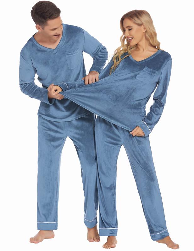 Ekouaer Couples Matching Pajamas Sets Velvet PJs Set for Men and Women Velour Long Sleeve Sleepwear S-XXL