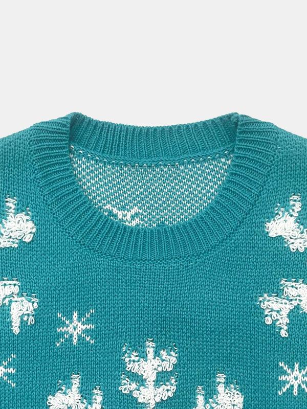 Women's Christmas Snowflake Pattern Drop Shoulder Sweater, Casual Long Sleeve Round Neck Jumper for Fall & Winter, Fashion Ladies' Knitwear for Daily Wear