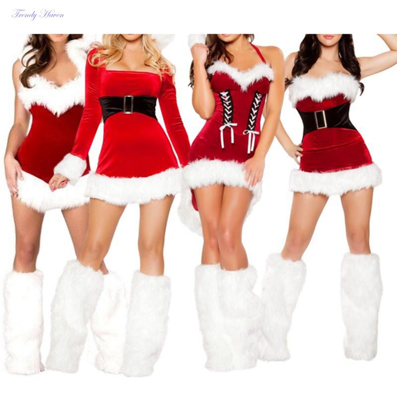 Women Christmas Costume Santa Cosplay Dress Plush Trim Patchwork Dress Party Costume with Hat and Leg Warmers