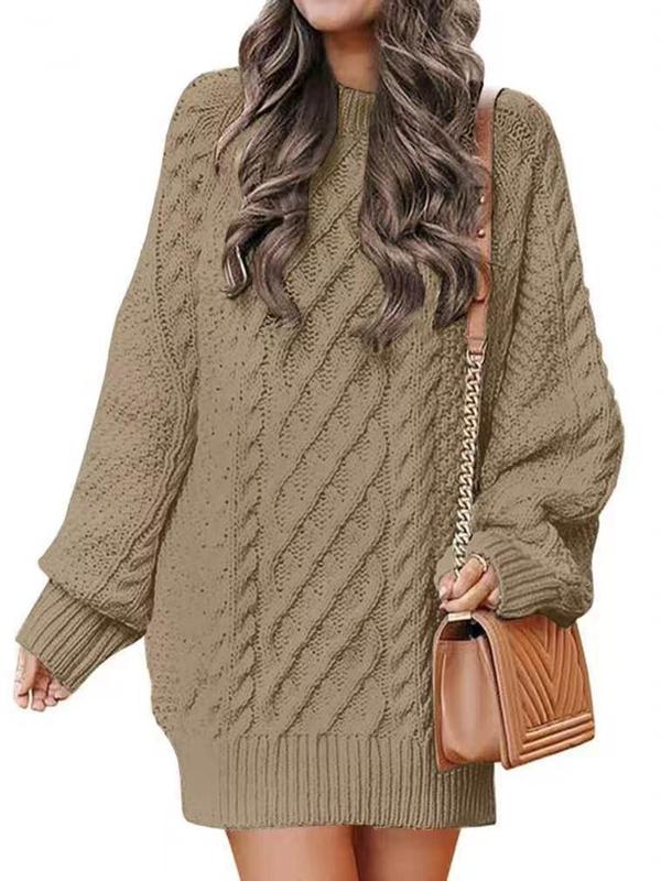 Women's Plain Raglan Sleeve Cable Knit Sweater Dress, Casual Long Sleeve Round Neck Jumper Dress for Fall & Winter, Women's Knitwear for Daily Wear