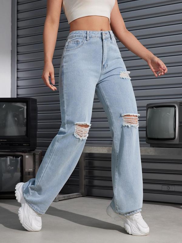 Women's Denim-effect Print Ripped Button Pocket Pants, Pants for Women, Casual Street  Jean, High Waist Straight Leg Trousers for Daily Wear, Ladies Bottoms for All Seasons, Pants for Women