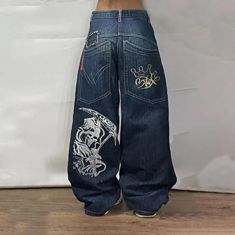 Y2K Hip Hop Street Oversized Jeans, Grunge Death Print Baggy Jeans, Skull Embroidered Jeans, Y2K Jeans, Plus Size jeans Womenswear Bottom