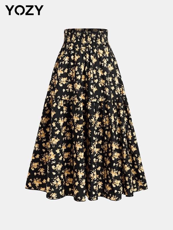 YOZY [3 Colors] Boho Ditsy Floral Print Flared Skirt  Romantic Shirred High Waist A-Line Skirt, 2024 Women's Summer Outfits for Beach, Holiday, Vacation, Wedding Guest