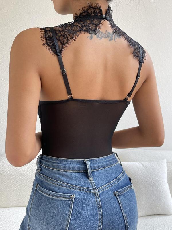 Women's Cut Out Sheer Eyelash Lace Bodysuit, Summer Clothes Women, Solid Sleeveless Mock Neck Bodysuit For Summer, Women's Clothing For Casual Wear