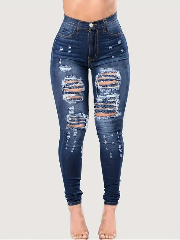  Plus Size Pocket Button Ripped Jeans, Washed Denim Faded Jeans for Women, Casual Streetwear, High Rise Tight Pants for Daily Wear, Women's Bottoms for All Seasons, Fall Clothing Women