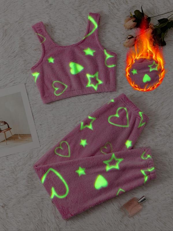 Women's Glow in The Dark Star Moon Print Loungewear fluffy pajamas Set, Casual Comfortable Sleeveless Crop Top & Elastic Waist Pants for Fall & Winter