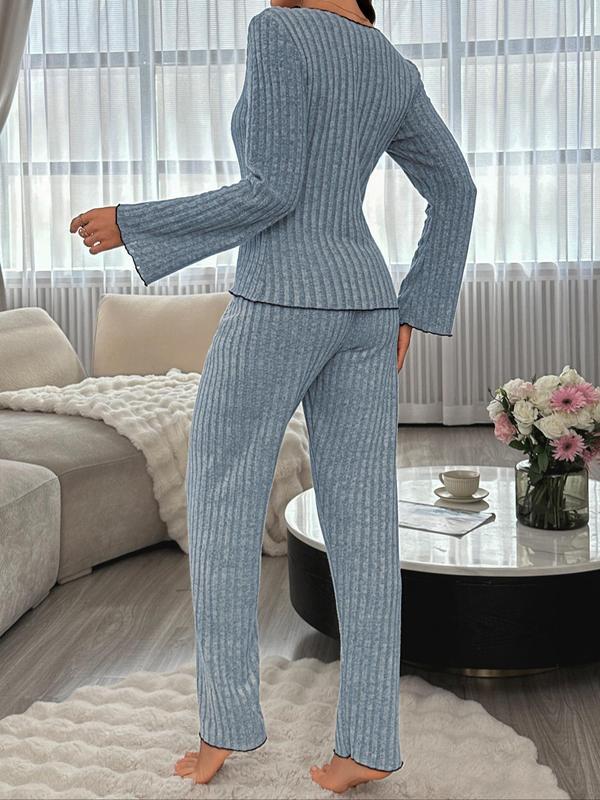 Women's Contrast Binding ribbed Pajama Two-Piece Set, Long Sleeve Bow Decor Top &  Pants Pyjama Set, Casual Comfortable Loungewear Set for Women