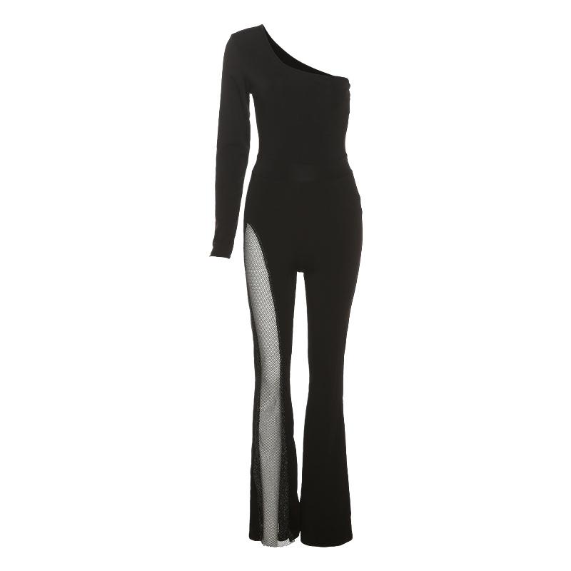 Women's fashionable one-shoulder long-sleeved sexy mesh splicing bootcut jumpsuit