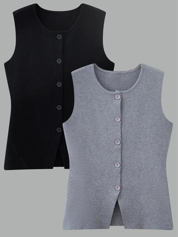 Women's Solid Button Front Sweater Vest, Casual Sleeveless Round Neck Knit Top for Spring & Fall, Ladies Clothes for Daily Wear