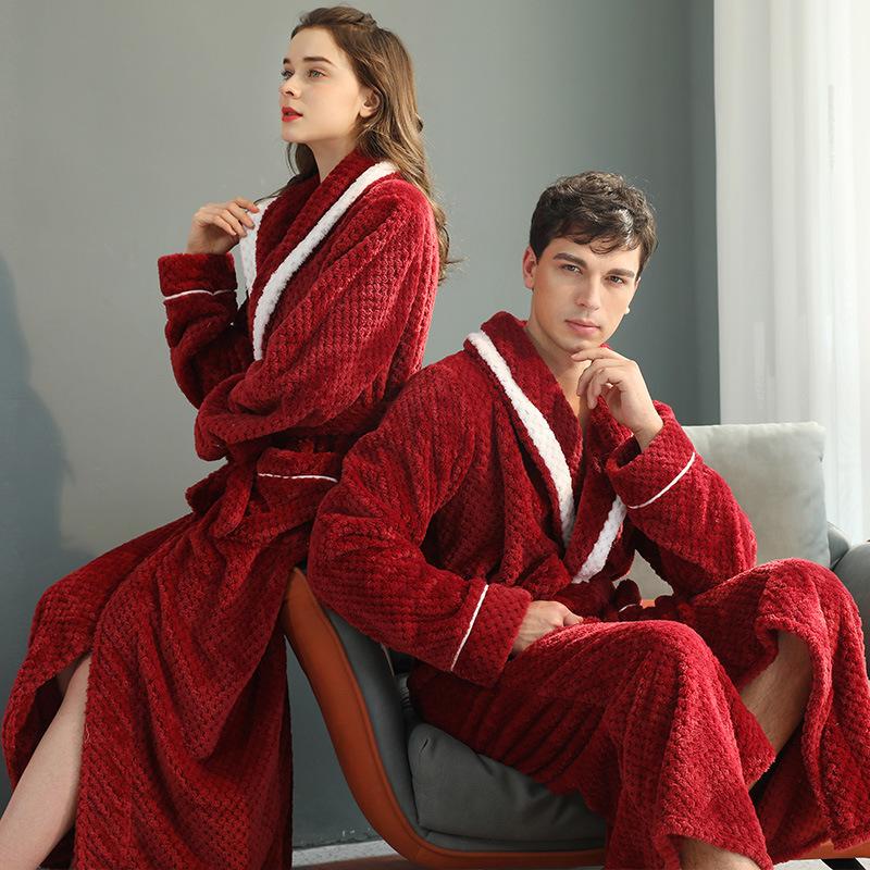 Winter Lovers Solid Flannel Thicken Robe Sets Couple Long Bathrobe Gown Nightwear With Pocket Intimate Lingerie Home Clothing