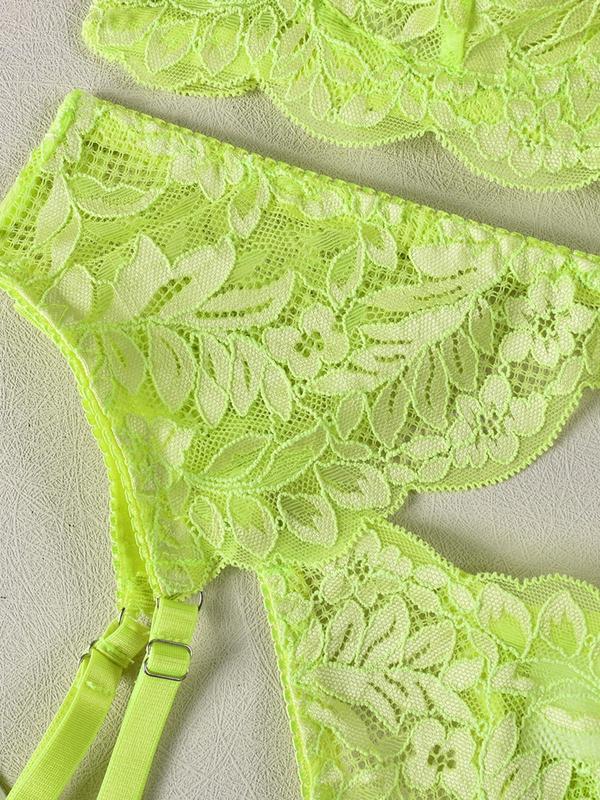 Women's Contrast Lace Leaf Embroidery Lingerie Set, Sexy Comfy Breathable Push Up Bra & Thong & Garter Belt & Thigh Ring Set, Lingerie Set for Women