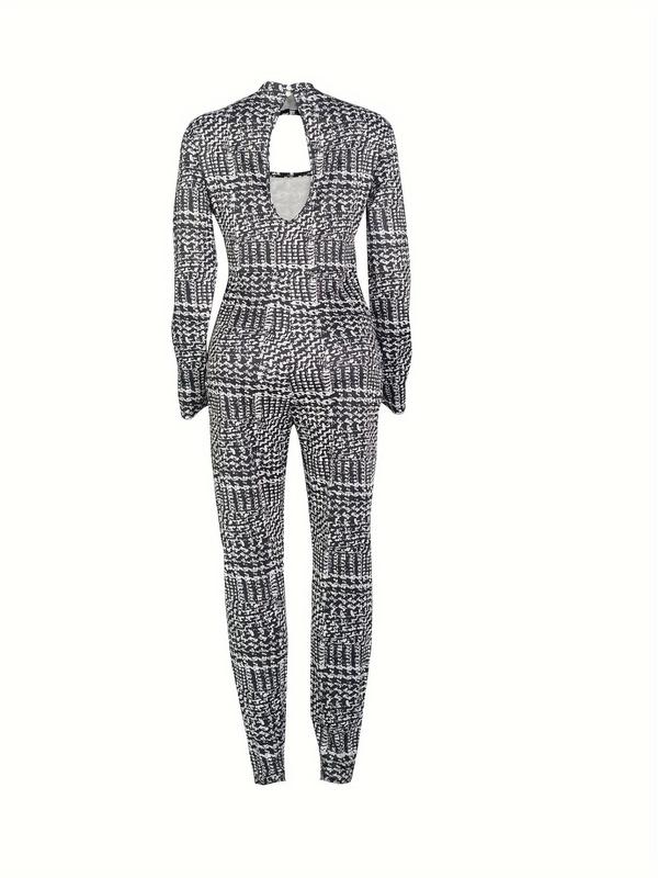 Women's Houndstooth Print Cut Out Backless Jumpsuit, Casual Long Sleeve Mock Neck Jumpsuit for Daily Wear, Ladies Clothes for All Seasons