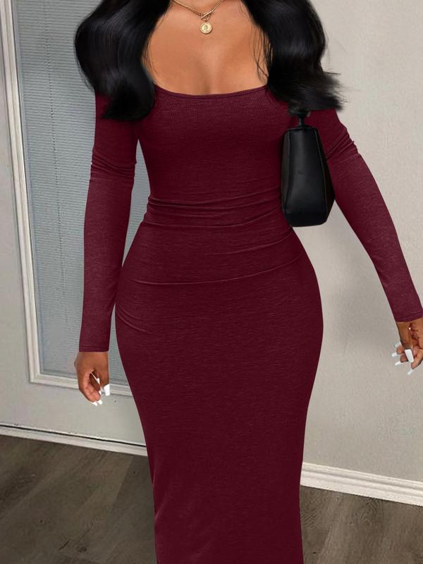 Women's U Neck Longsleeves Bodycon Dress, Casual Solid Tight Sleeve Long Dress, Fall  Dresses for Women, Fall Dresses, Lady Birthday Outfit, Downtown Girl Clothes, Fall Clothes