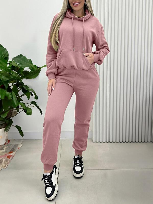 Women's Solid Drop Shoulder Pocket Hoodie & Elastic Waist Pants Two-Piece Set, Casual Fashion Cozy Breathable Two Piece Outfits for Daily Outdoor Wear, Women Clothes for Fall & Winter