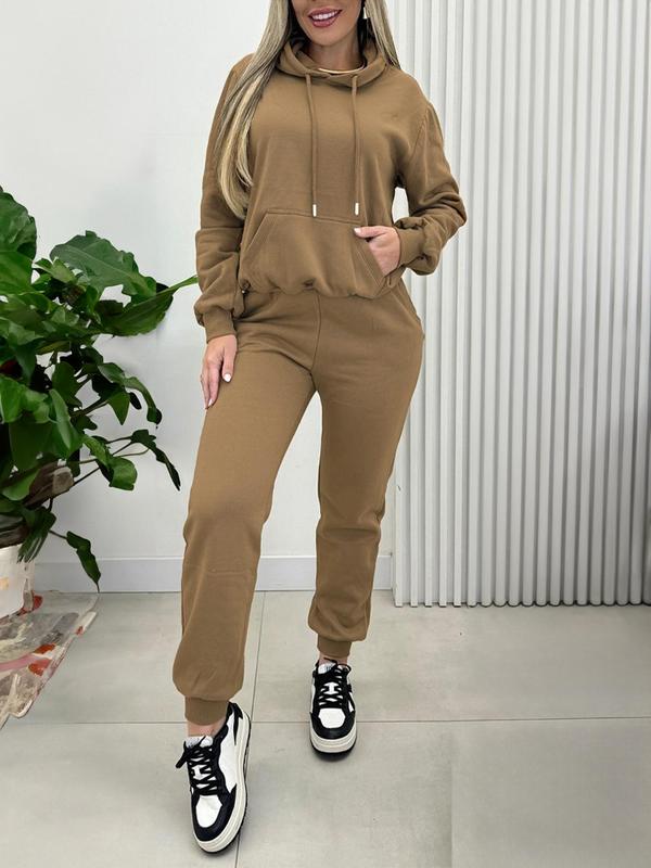 Women's Solid Drop Shoulder Pocket Hoodie & Elastic Waist Pants Two-Piece Set, Casual Fashion Cozy Breathable Two Piece Outfits for Daily Outdoor Wear, Women Clothes for Fall & Winter